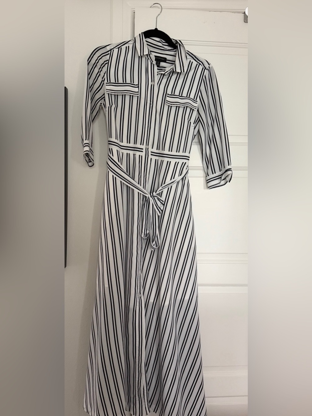 Banana Republic White and Black Striped Midi Shirt Dress